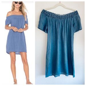 Michael Stars Off the Shoulder Linen Blend Chambray Smocked Dress in Medium Wash